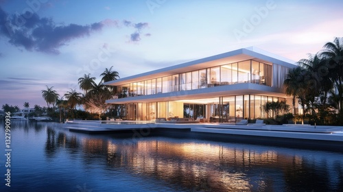 A modern waterfront mansion with expansive glass walls, reflective water, and a luxurious pool --ar 16:9 --v 6.1 Job ID: a7973f4b-509d-4adf-9820-6d64c0481313