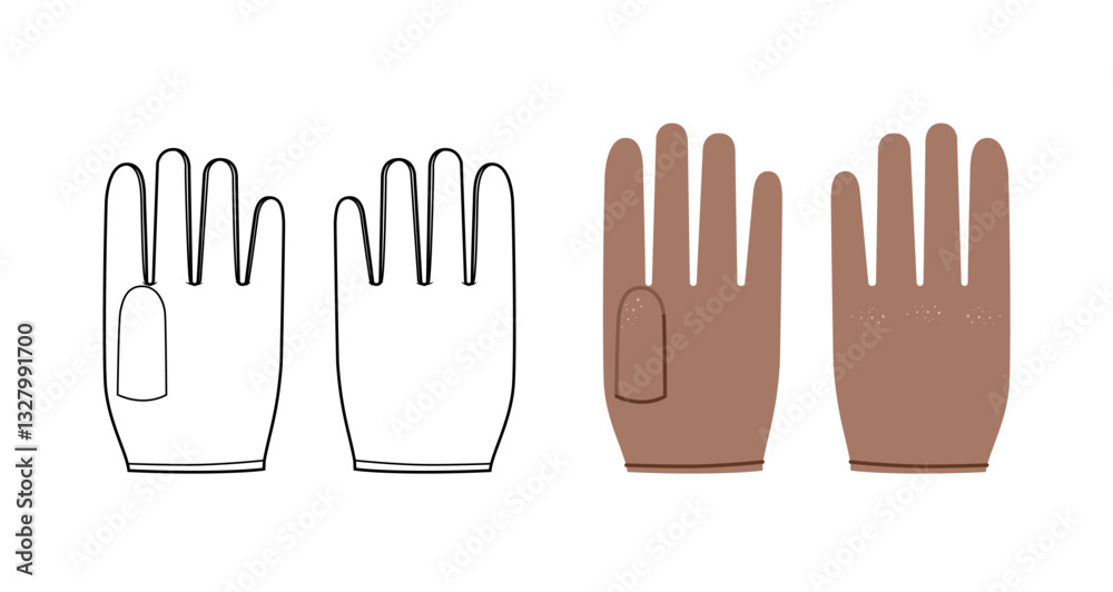 Obraz premium Shortie Gloves Mocha Mousse cartoon and sketch outline Fashion hand accessory clothing technical illustration garment. Vector front palm back view for Men, women, unisex style flat template CAD mockup