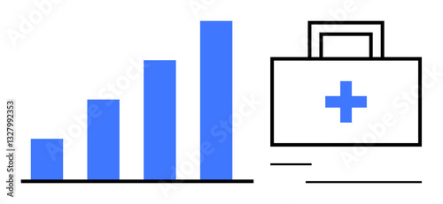 Blue ascending bar graph alongside a first aid kit with a cross, signifying healthcare growth, medical success, statistics, investment, and professional analysis. Ideal for business, innovation