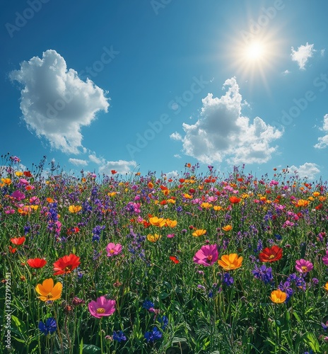 Vibrant Flower Field Under Bright Blue Sky with Fluffy Clouds and Sunlight Illuminating Colorful Blooms in Full Bloom