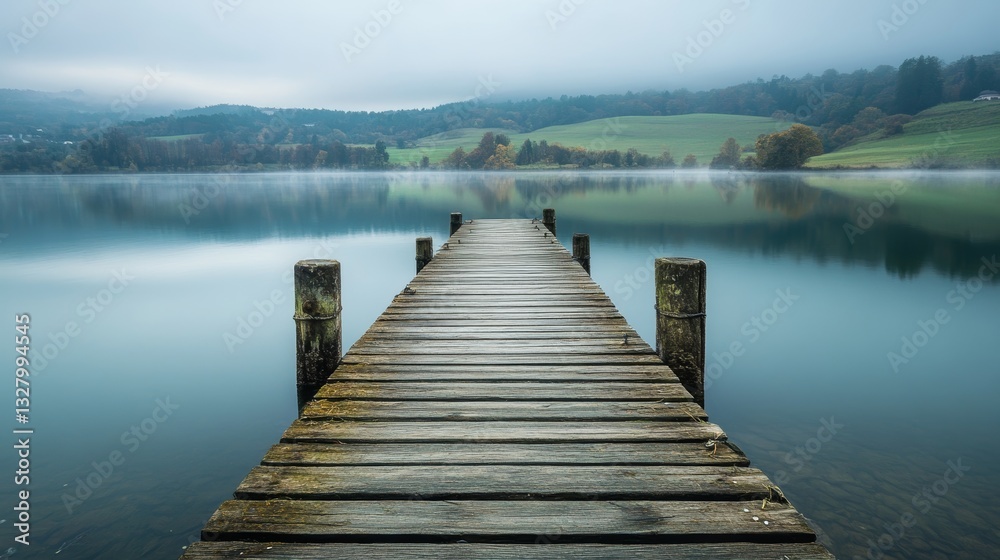 Obraz premium Weathered Dock on Serene Water with Lush Hills in Misty Landscape 