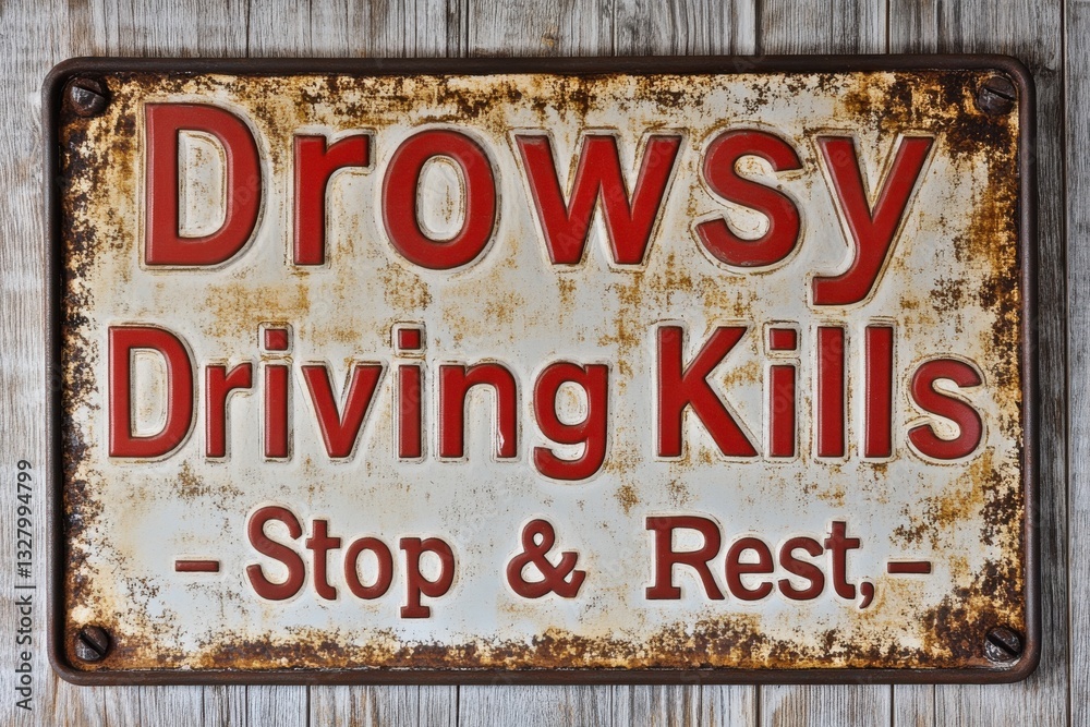 Warning Sign on Drowsy Driving with Rustic Appearance and Texture Warning Sign on Drowsy Driving with Rustic Appearance and Texture