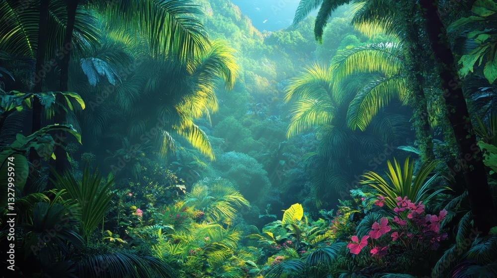 Lush tropical rainforest with serene waterway and distant mountains under bright morning sky Lush tropical rainforest with serene waterway and distant mountains under bright morning sky