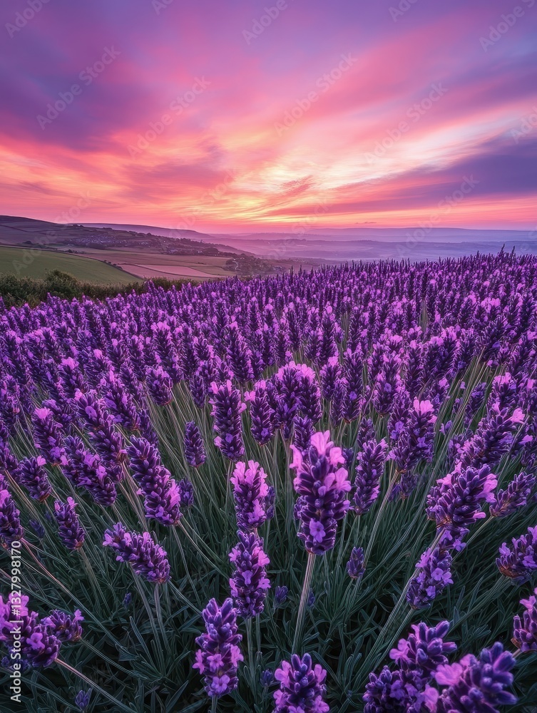 Obraz premium Vibrant Lavender Field Under Colorful Sunset Sky with Dramatic Clouds and Scenic Landscape View in Peaceful Rural Environment