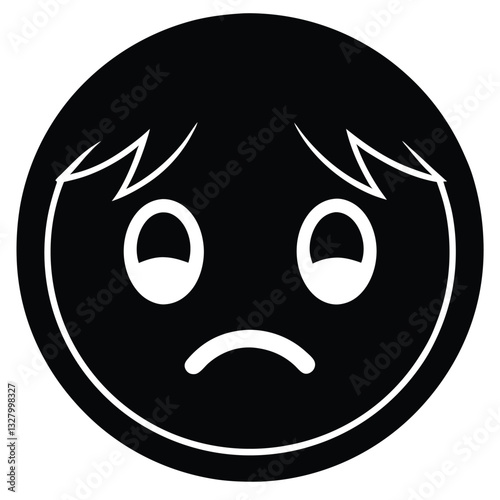 sad emoji face, circular design, simple expressive features, thick outline, minimalist style, emotional icon, frowning mouth, raised eyebrows, cartoon eyes, Black and white illustration, 