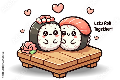 Adorable kawaii sushi couple with happy faces, surrounded by hearts on a wooden sushi board. Perfect for Valentine’s Day cards, stickers, t-shirts, and Japanese food lovers.Romantic Food Illustration.