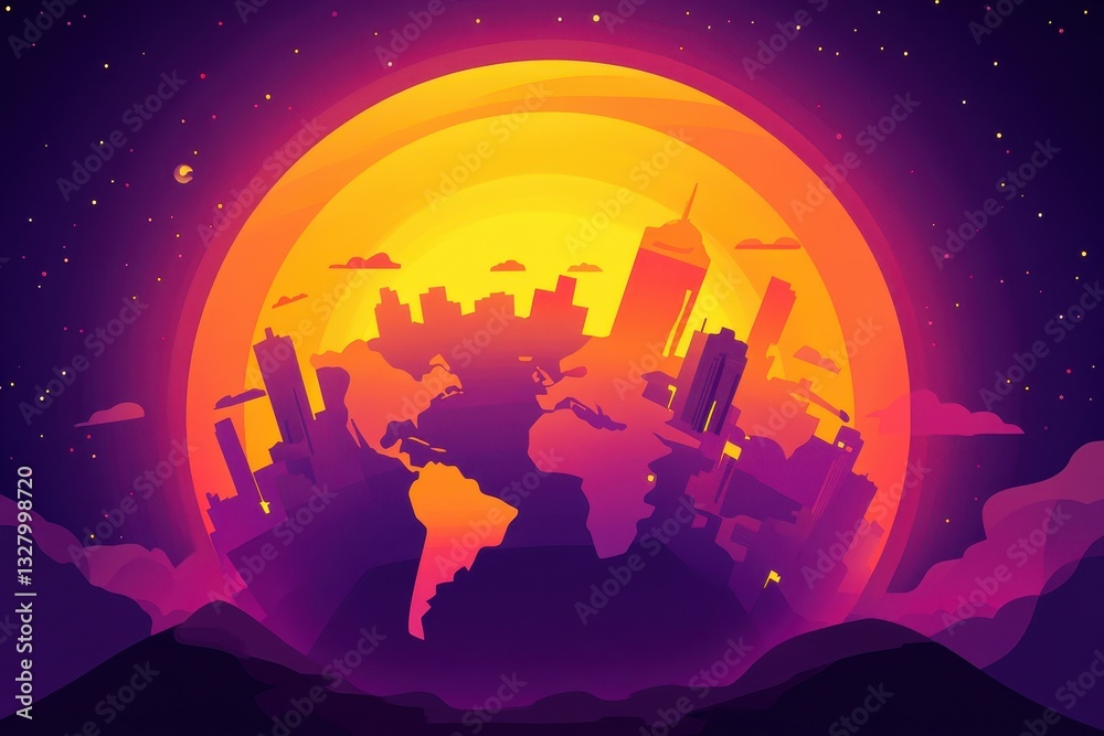 Naklejka premium A stylized illustration of the Earth with a city silhouette