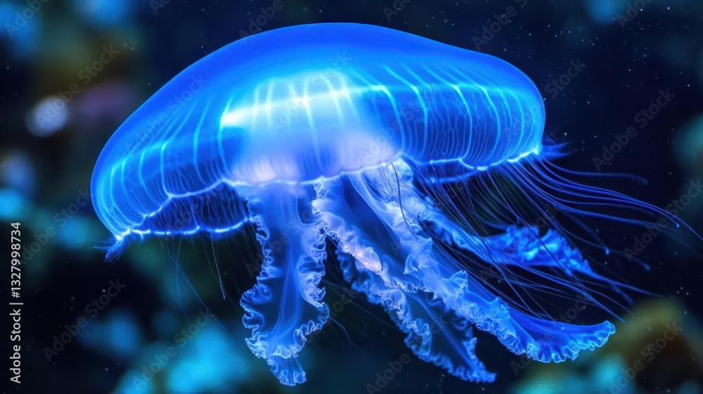 A vibrant glowing jellyfish in a deep blue underwater scene A vibrant glowing jellyfish in a deep blue underwater scene