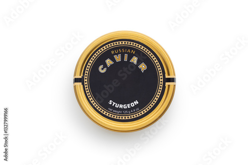 tin can with black caviar, isolated on white