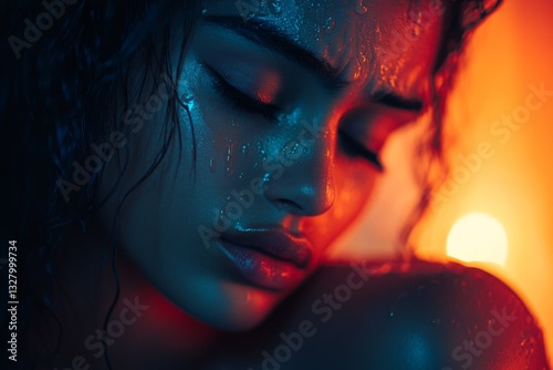 Captivating close-up of a woman with wet skin under dramatic lighting in a warm-toned environment during an artistic photoshoot