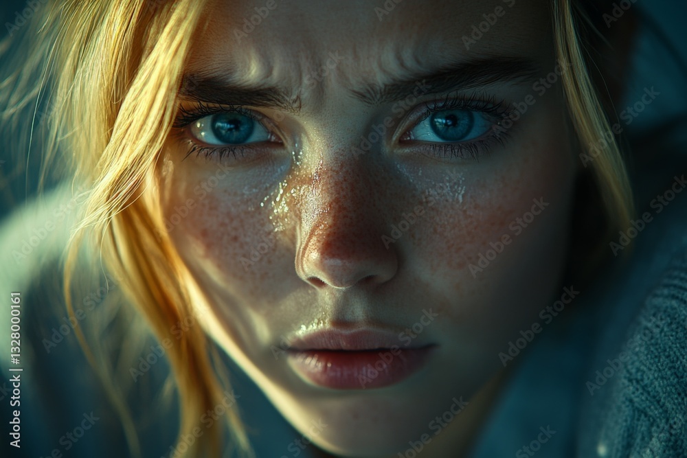 Portrait of a young woman with emotional expression and blue eyes during a close-up moment in soft lighting Portrait of a young woman with emotional expression and blue eyes during a close-up moment in soft lighting