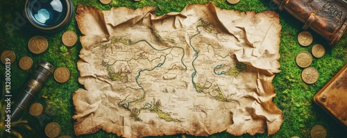 An antique treasure map lies with coins and navigational tools nearby
