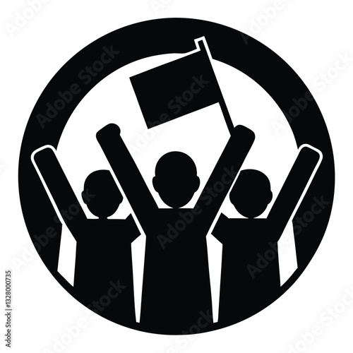 three silhouette figures, raised arms, holding flag, Black and white icon, circular background, unity symbol, protest imagery, minimalist design, graphic illustration, social movement representation, 
