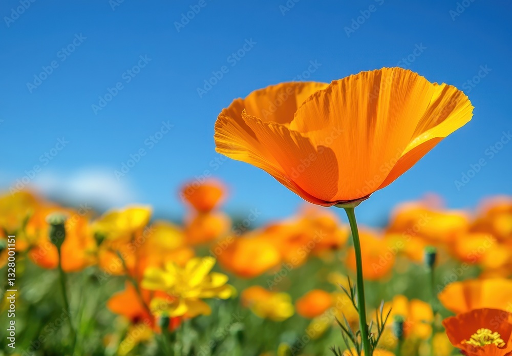Fototapeta premium Vibrant Orange California Poppy Flowers Swaying in a Gentle Breeze Under Clear Blue Sky during Bright Sunny Day in Nature's Blooming Landscape