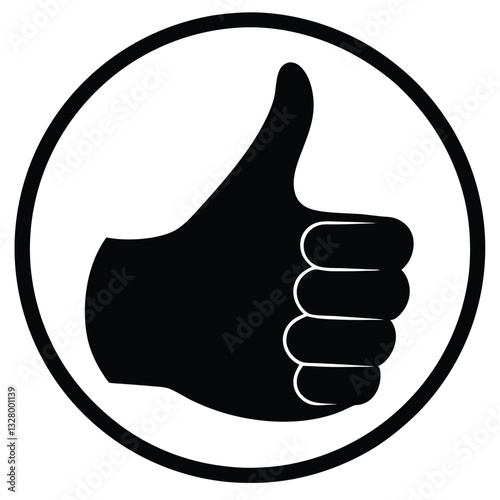 thumbs up gesture, circular design, simple silhouette, positive feedback symbol, minimalist graphic, approval sign, round border, high contrast image, Black and white icon, 
