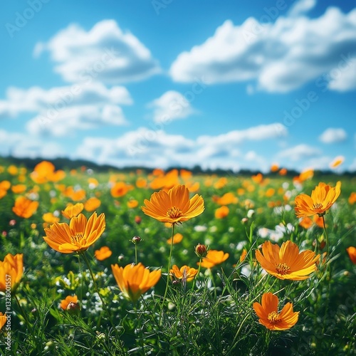 Vibrant Orange Flowers Bloom in a Lush Green Meadow Under a Bright Blue Sky with Fluffy White Clouds in Springtime Serenity