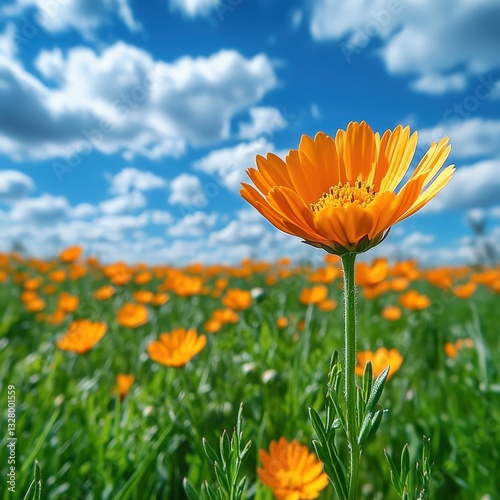 Vibrant Orange Flowers Blooming Amidst Lush Green Grass Under a Bright Blue Sky with Fluffy Clouds in a Beautiful Landscape Setting