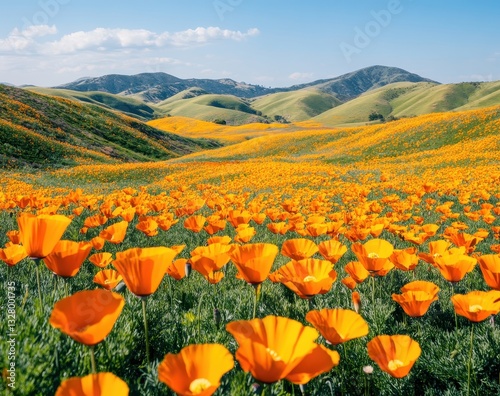Vibrant Orange Poppies Blooming Across Rolling Hills Under Clear Blue Sky in Spring Landscape Photography