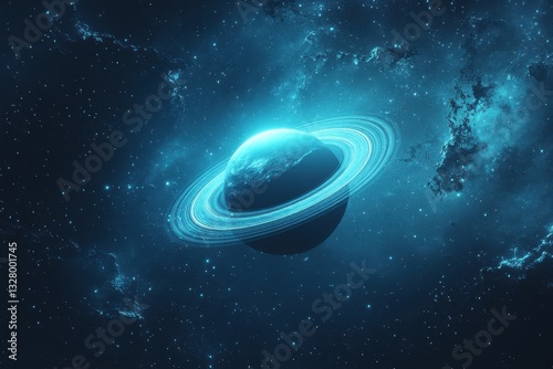 Stunning Blue Planet with Rings in Vast Outer Space Landscape