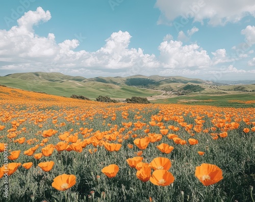 Vibrant Orange Poppies Blooming in Lush Green Hills Under a Blue Sky with Fluffy Clouds in a Scenic Landscape Environment