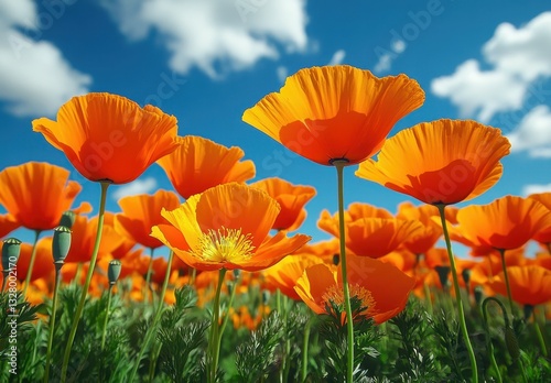 Vibrant Orange Poppy Flowers Blooming Under Blue Sky with Soft White Clouds Emphasizing Natural Beauty and Serenity in a Lush Green Landscape