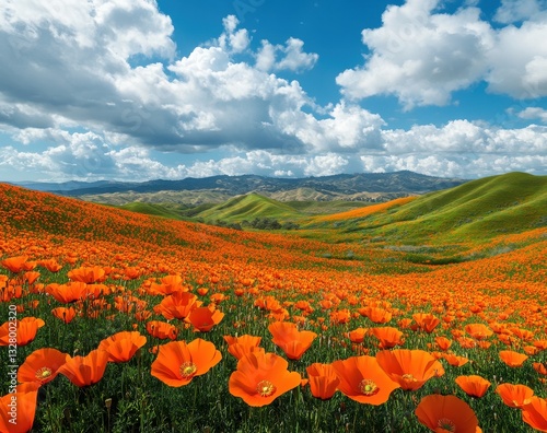 Vibrant Orange Poppy Flowers in a Scenic Landscape Under a Bright Blue Sky with Fluffy White Clouds and Rolling Green Hills