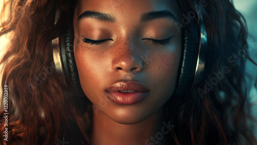 Black woman wearing headphones. High resolution aesthetic suitable for advertising purposes. Photo to attract attention in banner ads. Young black woman. Generated AI.