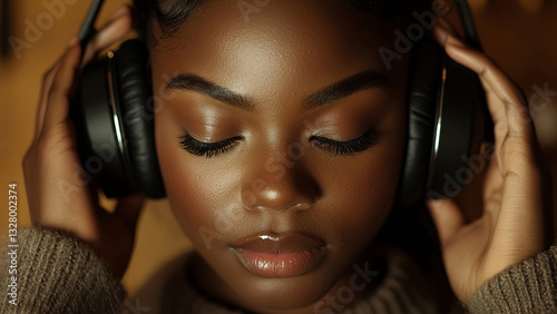 Black woman wearing headphones. High resolution aesthetic suitable for advertising purposes. Photo to attract attention in banner ads. Young black woman. Generated AI. photo