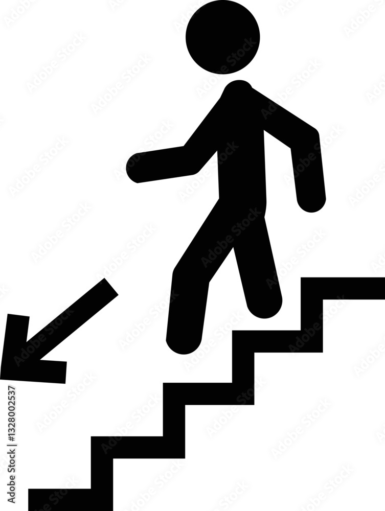 Man with Staircase or Stairs Pictogram vector. Cliparts depict various actions of a person with stairs. Man walks down the stairs, stick figure pictograms people, human silhouette icon Man with Staircase or Stairs Pictogram vector. Cliparts depict various actions of a person with stairs. Man walks down the stairs, stick figure pictograms people, human silhouette icon