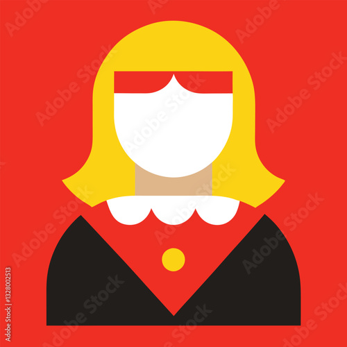 blonde hair, red background, white face, black dress, Minimalist portrait, yellow button, scalloped collar, geometric shapes, flat design, bold colors, graphic illustration style, 