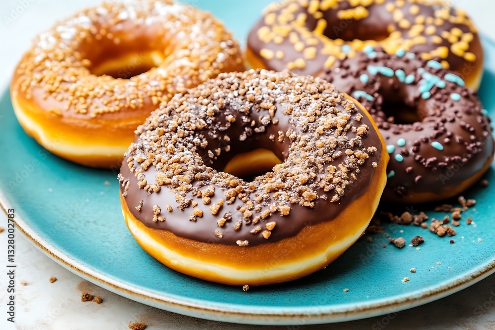 Four Delicious Doughnuts Displayed on a Bright Blue Ceramic Plate Four Delicious Doughnuts Displayed on a Bright Blue Ceramic Plate