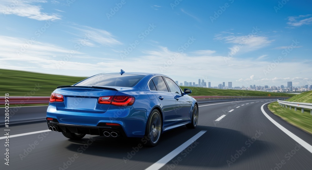 A sleek blue car speeds along a winding road, surrounded by lush green hills and modern buildings, capturing the essence of freedom and automotive adventure. A sleek blue car speeds along a winding road, surrounded by lush green hills and modern buildings, capturing the essence of freedom and automotive adventure.