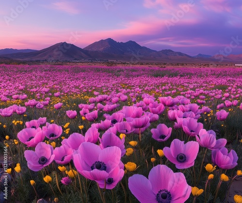 Vibrant Pink and Yellow Flower Fields Under a Dramatic Sunrise Sky with Majestic Mountains in the Background
