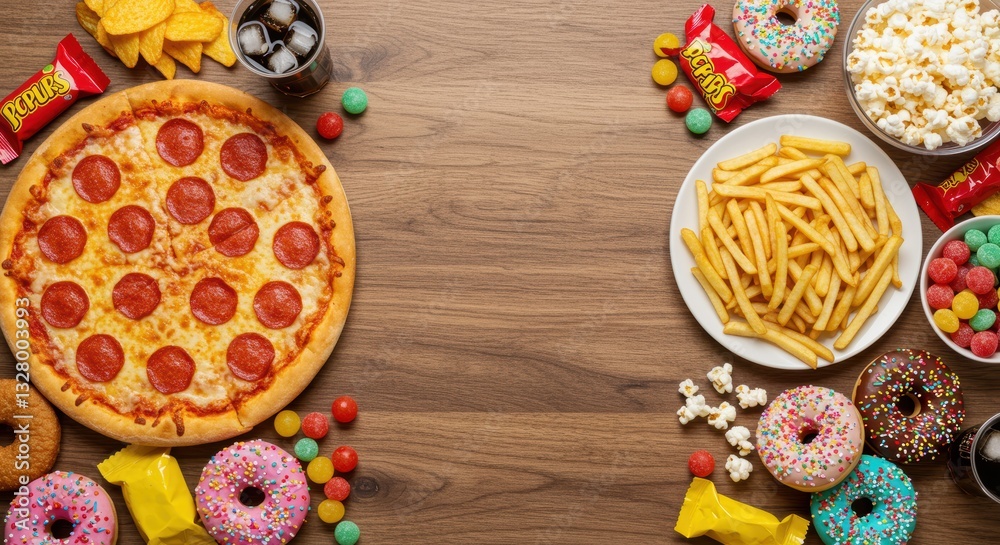 A vibrant spread of party snacks featuring a delicious pepperoni pizza, crispy fries, colorful donuts, popcorn, and an assortment of candies. Perfect for gatherings or movie nights. A vibrant spread of party snacks featuring a delicious pepperoni pizza, crispy fries, colorful donuts, popcorn, and an assortment of candies. Perfect for gatherings or movie nights.
