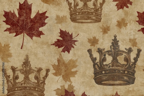 Vintage Inspired Pattern of Leaves and Crowns in Warm Tones