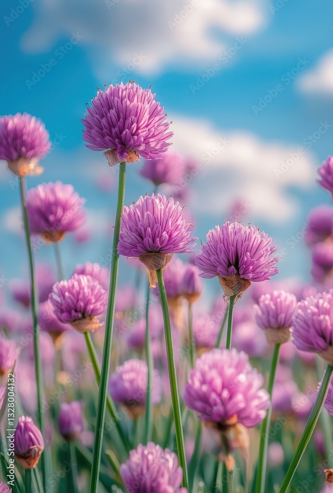 Obraz premium Vibrant Pink Chive Flowers Against a Bright Sky with Soft Clouds in a Fresh and Lush Green Field Under the Sunlight During a Beautiful Spring Day