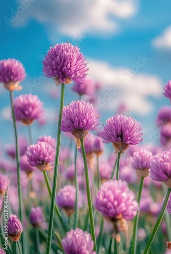 Vibrant Pink Chive Flowers Against a Bright Sky with Soft Clouds in a Fresh and Lush Green Field Under the Sunlight During a Beautiful Spring Day
