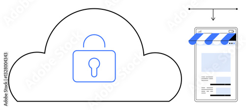 Cloud with padlock symbolizes data security, paired with a mobile shopping interface highlighting e-commerce safety. Ideal for cybersecurity, e-commerce, secure transaction, cloud storage, online