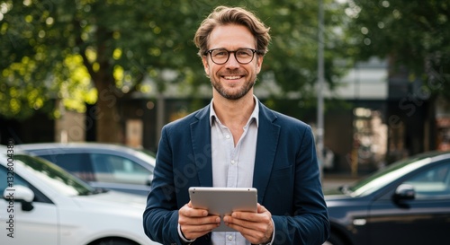 A confident businessman outside, smiling at the camera while holding a tablet. He wears a stylish blazer and light shirt, with greenery and parked cars in a modern urban setting.