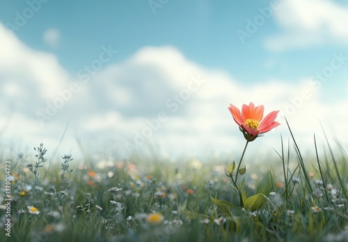 Vibrant Pink Flower Standing Tall Amidst a Lush Meadow Under a Bright Blue Sky with Soft White Clouds in the Background