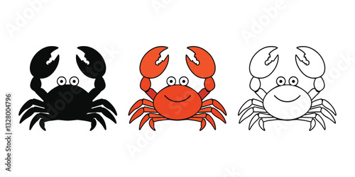 Cartoon Crab Illustrations – Simple Vector Designs in Silhouette, Red, and Outline Variations