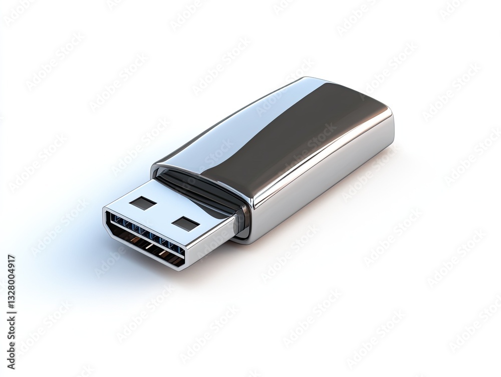 Sleek chrome usb drive reflecting light on a minimalist white surface Sleek chrome usb drive reflecting light on a minimalist white surface