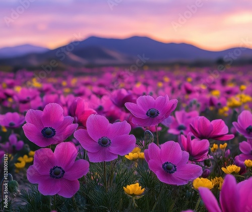 Vibrant pink flowers bloom in a breathtaking sunset landscape, surrounded by rolling hills and a colorful sky full of purple and orange hues.