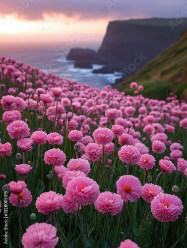 Vibrant Pink Flowers Blooming on Cliffs Overlooking the Ocean During Sunset with Soft Clouds and Scenic Landscapes in the Background