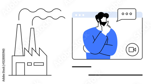 Factory with smoke stacks next to a video call screen featuring a man thinking. Ideal for communication, industry solutions, remote work, innovation, decision-making, teamwork, sustainability. Flat