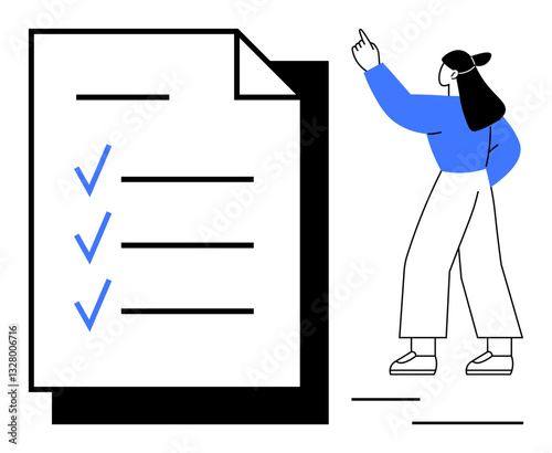 Woman gestures toward large checklist with blue check marks symbolizing task completion. Ideal for productivity, planning, organization, project management, goal setting, business processes