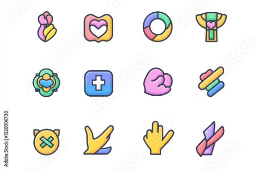 Colorful Flat Icons for Health, Love, and Community Themes