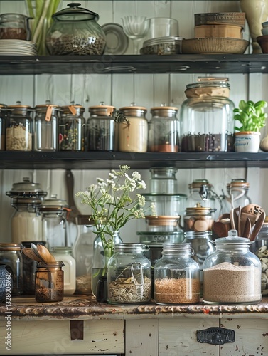 Rustic pantry shelves filled with preserved goods and kitchen essentials