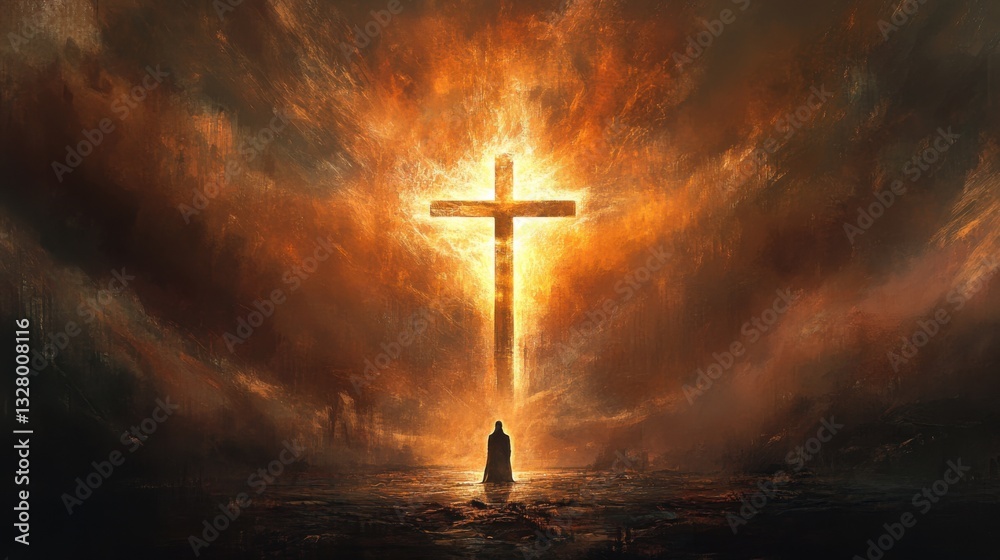 Naklejka premium Figure Underneath a Glowing Cross Silhouette