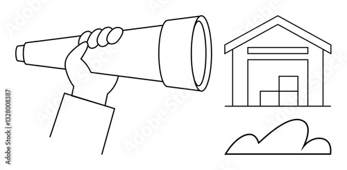 Hand holding telescope exploring opportunities, nearby warehouse with boxes and cloud illustration. Ideal for logistics, vision, supply chain, forecasting, planning, discovery storage. Flat simple